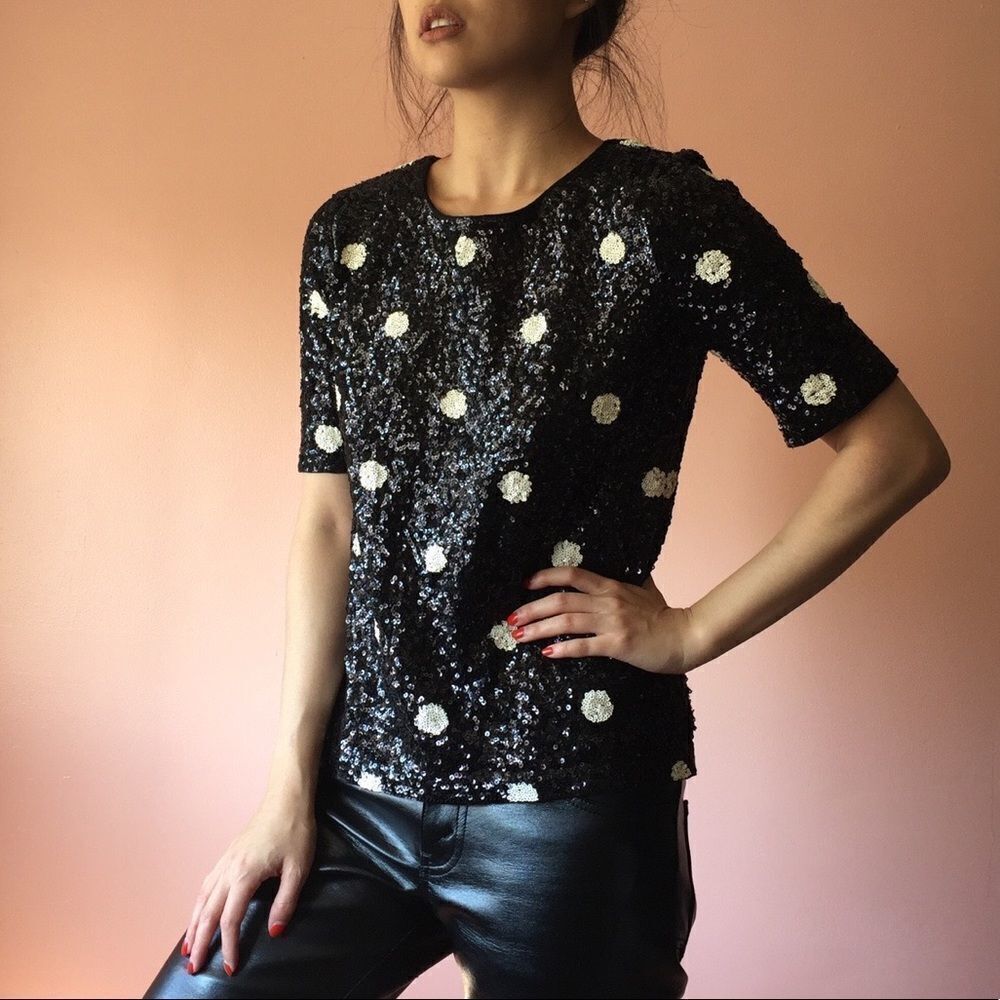 J. CREW Black Crew Neck Short Sleeve Sequin Blouse Top T-Shirt Cream Polka Dot S